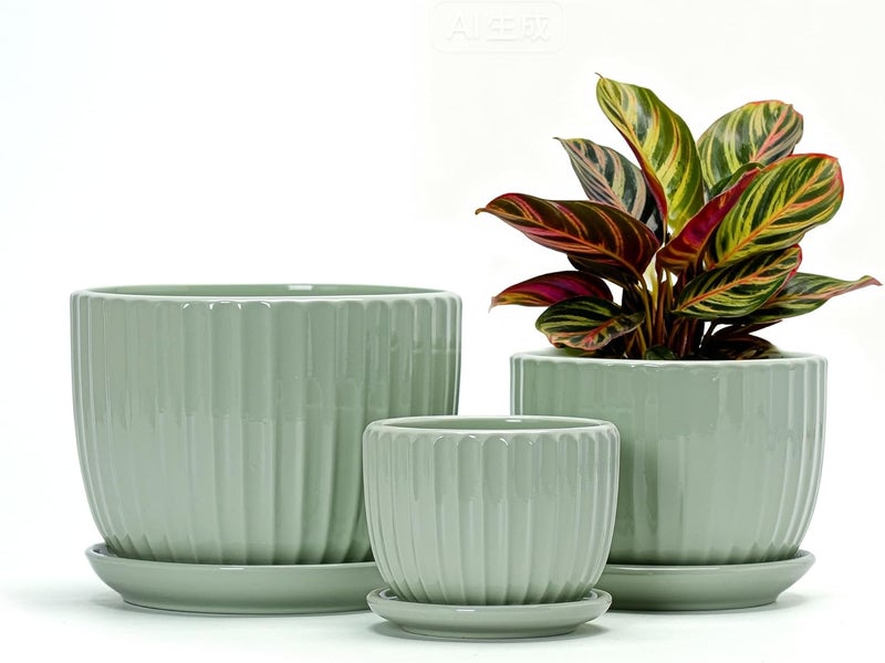 Ton Sin Flower Pots, Light Green Ceramic Plant Pots Set of 3,Small Glazed Succulent Pots with Drainage Hole,Cactus Planter with Saucer,Outdoor Garden Pots (Green) - Image 1